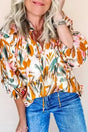 Abstract Frilled V-Neck 3/4 Sleeve Blouse Women UK — front view showing vibrant orange abstract print and frilled neckline — Fashionfitz