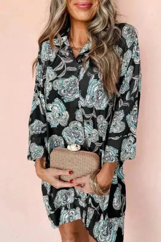Floral Dresses Black / S / 100%Polyester Flora Fantasy Lapel Dress