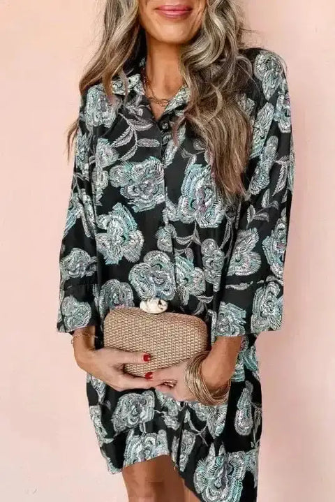 Floral Dresses Black / S / 100%Polyester Flora Fantasy Lapel Dress