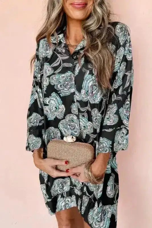 Floral Dresses Black / S / 100%Polyester Flora Fantasy Lapel Dress
