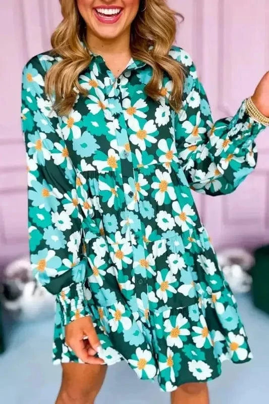 Floral Dresses Blackish Green / S / 100%Polyester Fleur Chic Frolic Shirt Dress