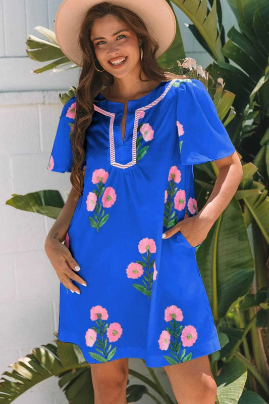 Floral Dresses Blue / S / 100%Polyester Blue Floral Summer Mini Dress
