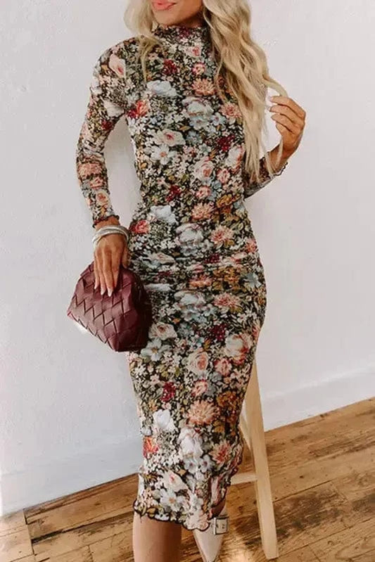 Floral Dresses Brown / S / 95%Polyester+5%Elastane Floral  Bodycon Midi Dress