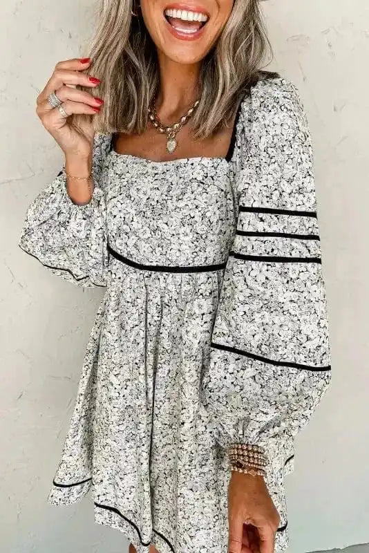 Floral Dresses Gray / S / 100%Polyester Blossom Elegance Mini Dress