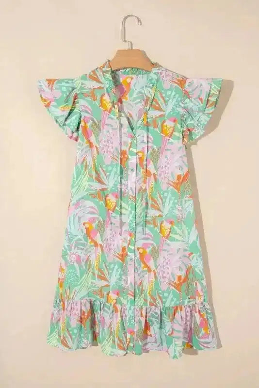 Floral Dresses Green / S / 100%Cotton Floral Whimsy Flutter Dress