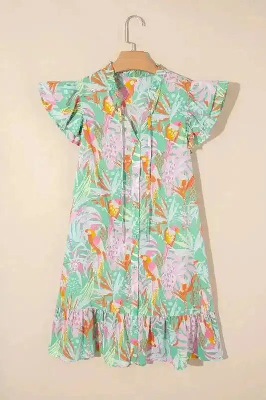 Floral Dresses Green / S / 100%Cotton Floral Whimsy Flutter Dress