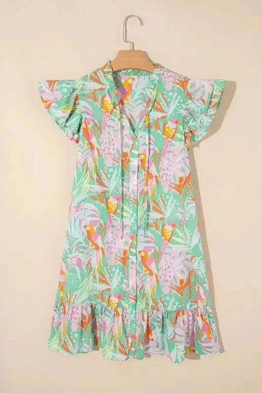 Floral Dresses Green / S / 100%Cotton Floral Whimsy Flutter Dress