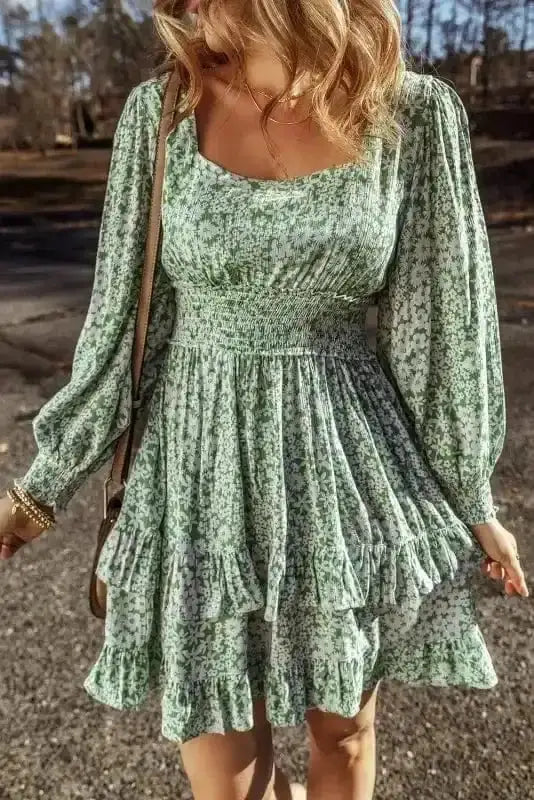Green shirred floral summer spring mini dress front view — Fashionfitz UK