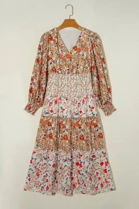 Floral Dresses Khaki / S / 100%Polyester Vintage Bloom Layered Dress