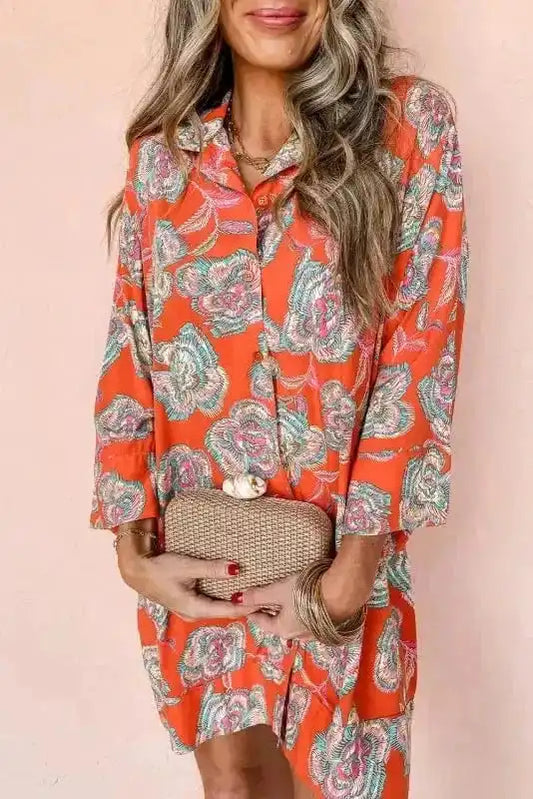 Floral Dresses Red / S / 100%Polyester Blossom Rouge Mini Shirt Dress
