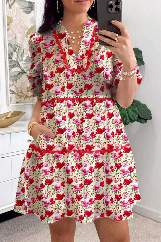 Floral Dresses Red / S / 100%Polyester Boho Bloom Tiered Dress