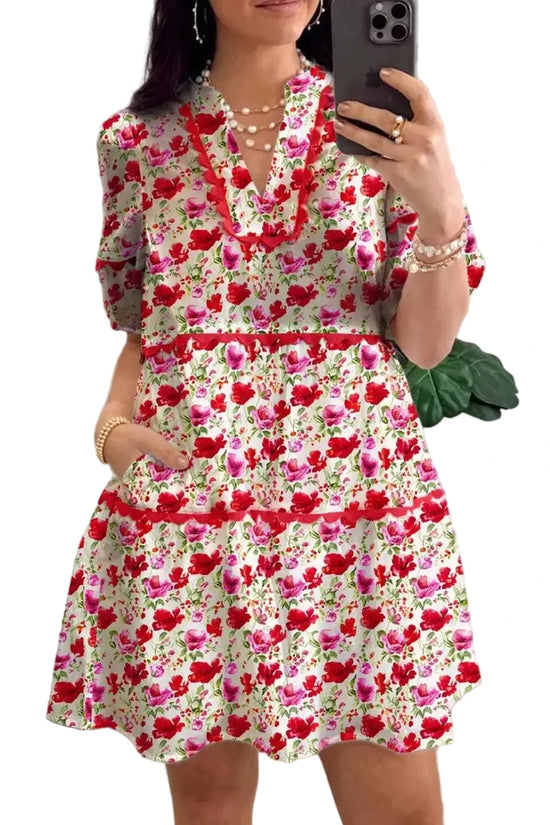 Floral Dresses Red / S / 100%Polyester Boho Bloom Tiered Dress