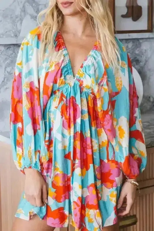 Sky blue floral empire waist feminine spring mini dress front view — Fashionfitz UK
