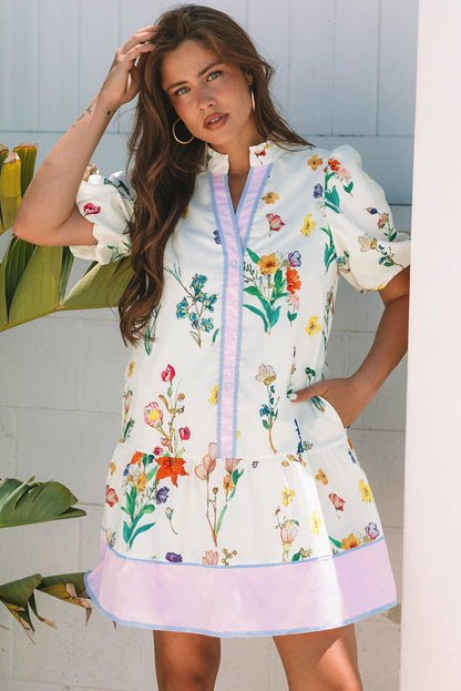 Floral Dresses White / S / 100%Polyester Floral Fusion Puff Sleeve Dress