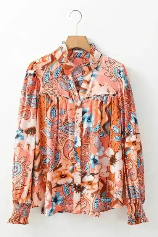 Floral Print Loose Fit Button-Up Shirt Women UK in orange — front view showing vibrant multicolour floral on fluid 81% viscose — Fashionfitz