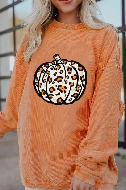 Graphic Orange Leopard Pumpkin Graphic Corded Sweatshirt