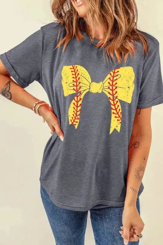 Graphic Tees Black Baseball Bowknot Graphic Casual Tee