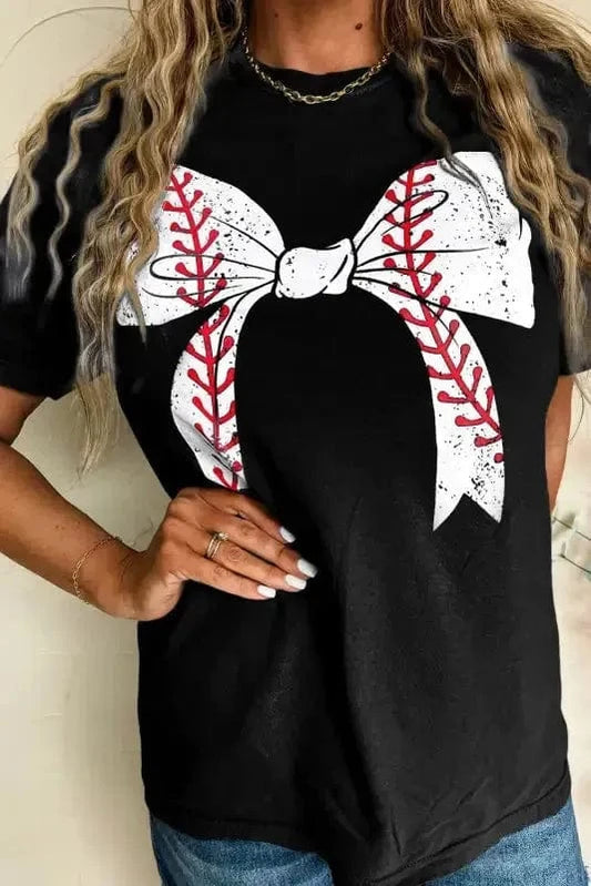 Graphic Tees Black Baseball Bowknot Graphic Casual Tee