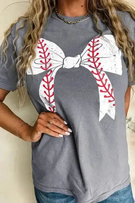 Graphic Tees Gray / S / 62%Polyester+32%Cotton+6%Elastane Baseball Bowknot Graphic Casual Tee