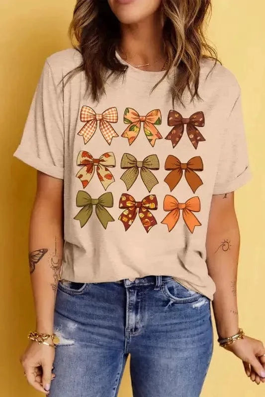 Graphic Tees Khaki / S / 62%Polyester+32%Cotton+6%Elastane Spooky Chic Bowknot Tee