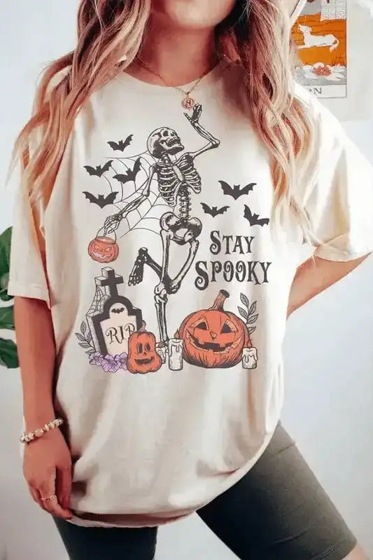 Graphic Tees White / S / 62%Polyester+32%Cotton+6%Elastane STAY SPOOKY Graphic Halloween T-Shirt