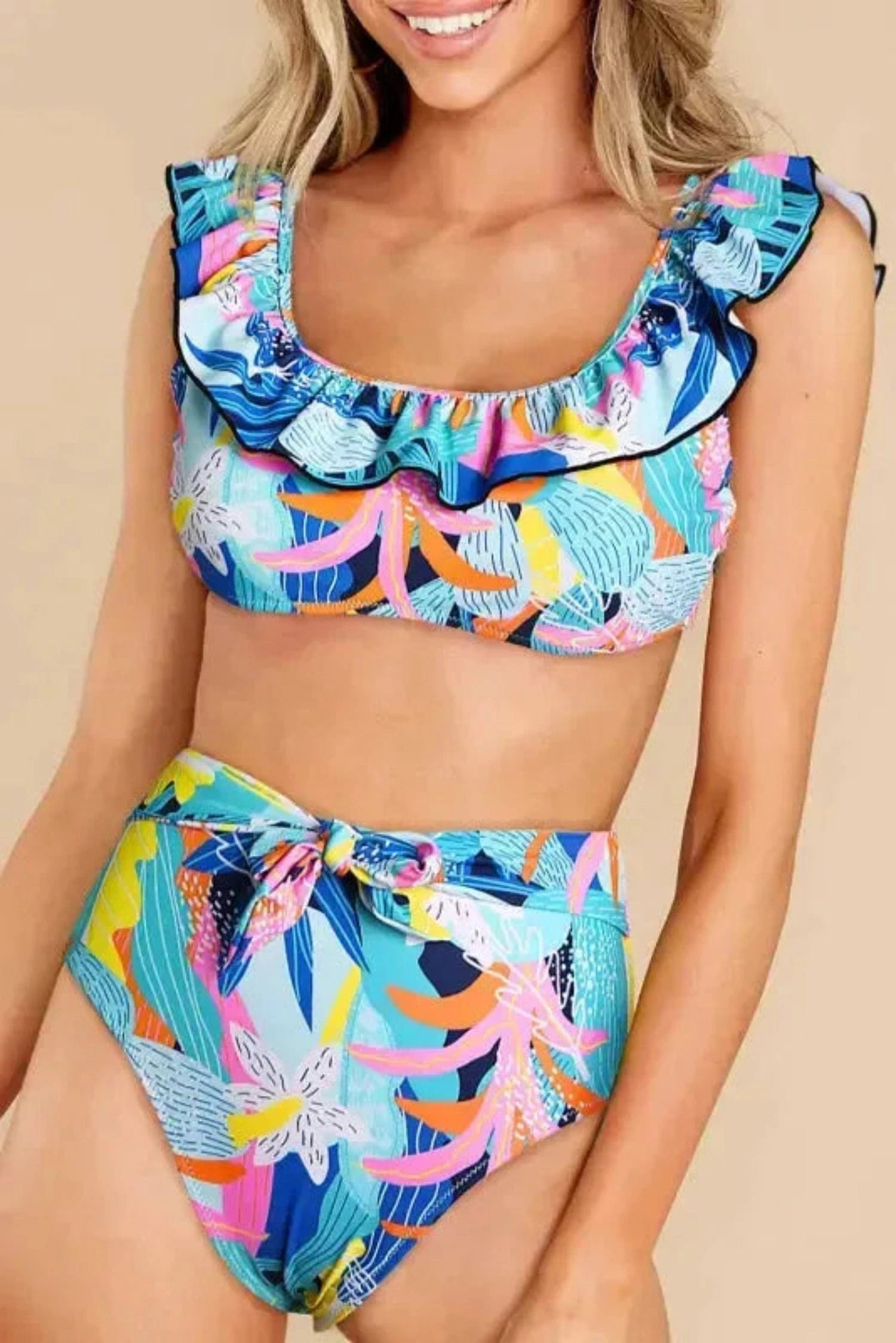 High Waist Swimsuits Green / S / 85%Polyester+15%Elastane Ruffle High Waist Square Neck Bikini Set