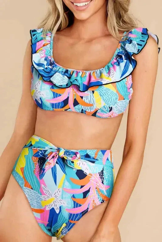 High Waist Swimsuits Green / S / 85%Polyester+15%Elastane Ruffle High Waist Square Neck Bikini Set