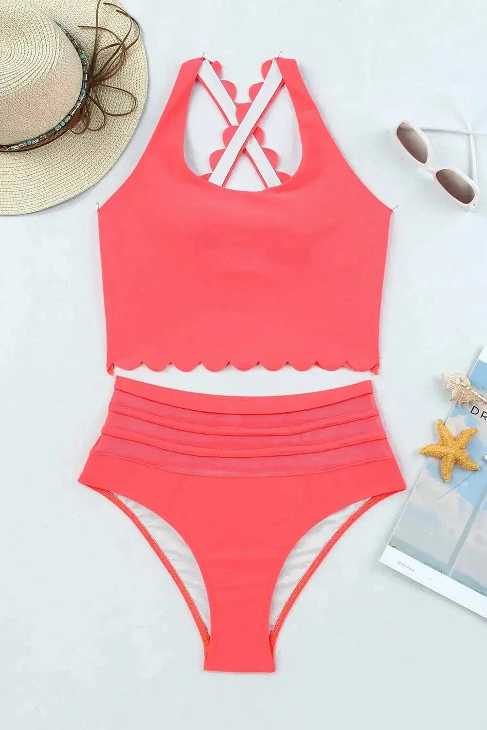 High Waist Swimsuits Scalloped Criss-Cross High Waist Bikini Set