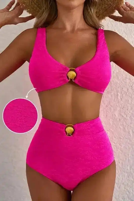 High Waisted Swimsuit Gold Shell Bikini Swimsuit - Rose Red