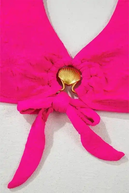 High Waisted Swimsuit Gold Shell Bikini Swimsuit - Rose Red