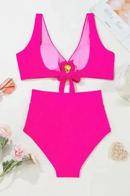 High Waisted Swimsuit Gold Shell Bikini Swimsuit - Rose Red