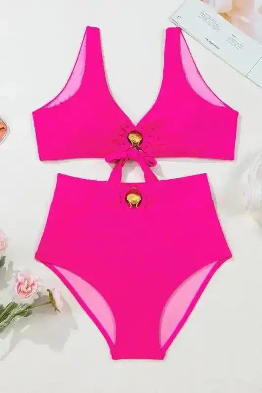High Waisted Swimsuit Gold Shell Bikini Swimsuit - Rose Red