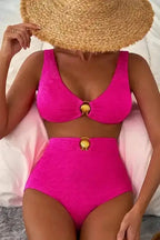 High Waisted Swimsuit Gold Shell Bikini Swimsuit - Rose Red