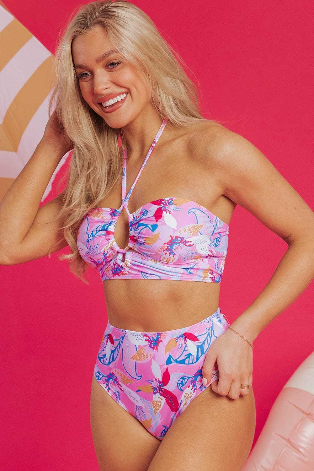High Waisted Swimsuit Pink Floral High Waist Bikini