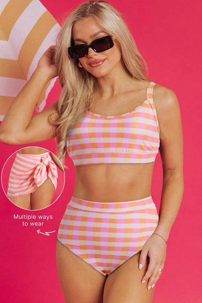 High Waisted Swimsuit Pink / S / 85%Polyester+15%Elastane Gingham Grace Bikini – 3-Piece Swimsuit Set