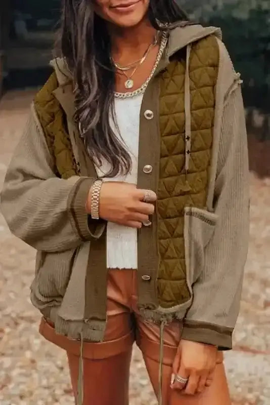 Jungle green boho quilted hoodie jacket front view — Fashionfitz UK