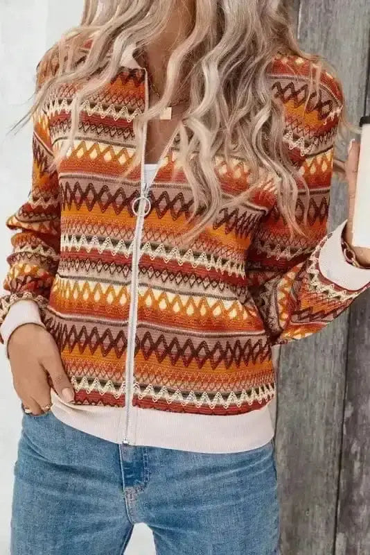 Orange boho chic stripe zip jacket front view — Fashionfitz UK