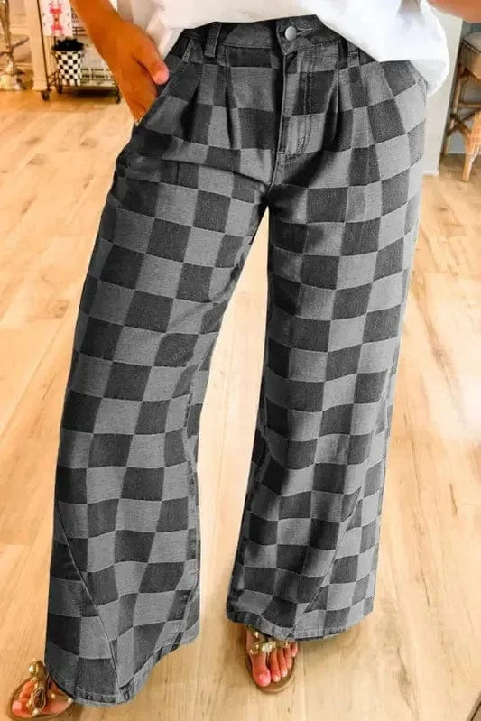 Jeans Dark Grey / 4 / 50%Polyester+50%Cotton Urban Checkered Charcoal Denim – Wide Leg Jeans