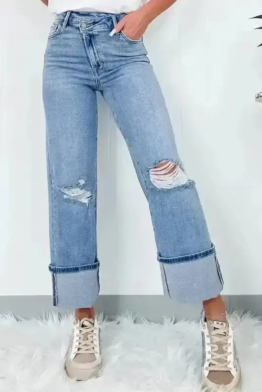 Dusk blue asymmetric hem high rise straight leg jeans front view — Fashionfitz UK