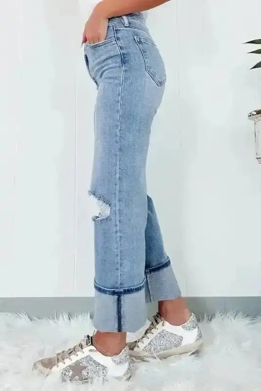 Asymmetric hem straight leg jeans back view — Fashionfitz UK