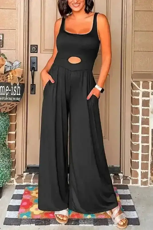 Black square neck sleeveless peekaboo wide leg jumpsuit front view — Fashionfitz UK