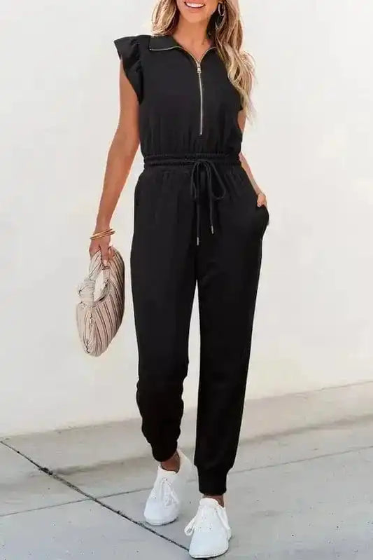 Jumpsuits Black / S / 80%Polyester+20%Cotton Zipped Elegance Casual Jumpsuit