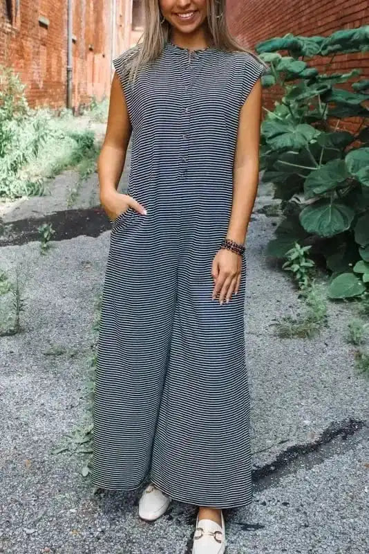 Jumpsuits Black white / S / 50%Viscose+45%Polyester+5%Elastane Monochrome Stripes Wide-Leg Jumpsuit