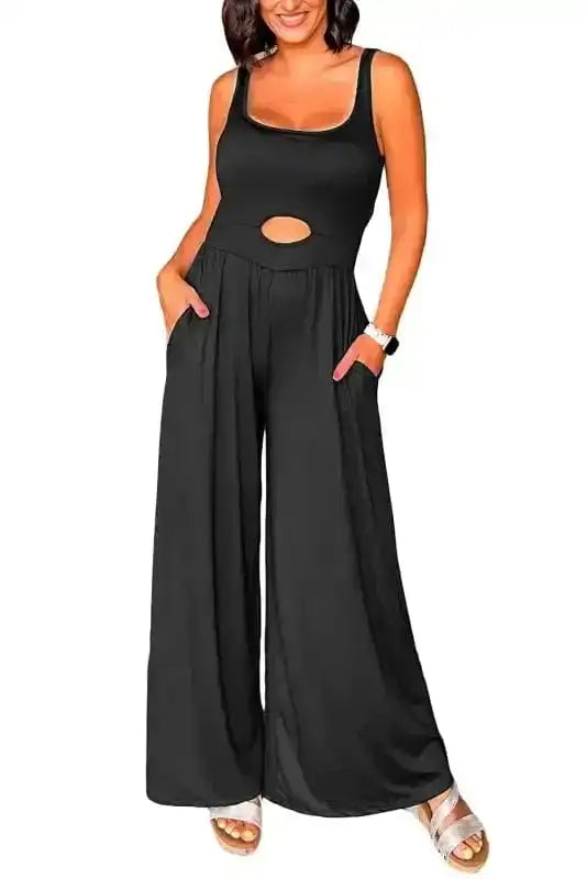 Jumpsuits Peekaboo Wide Leg Jumpsuit - Black Square Neck Sleeveless
