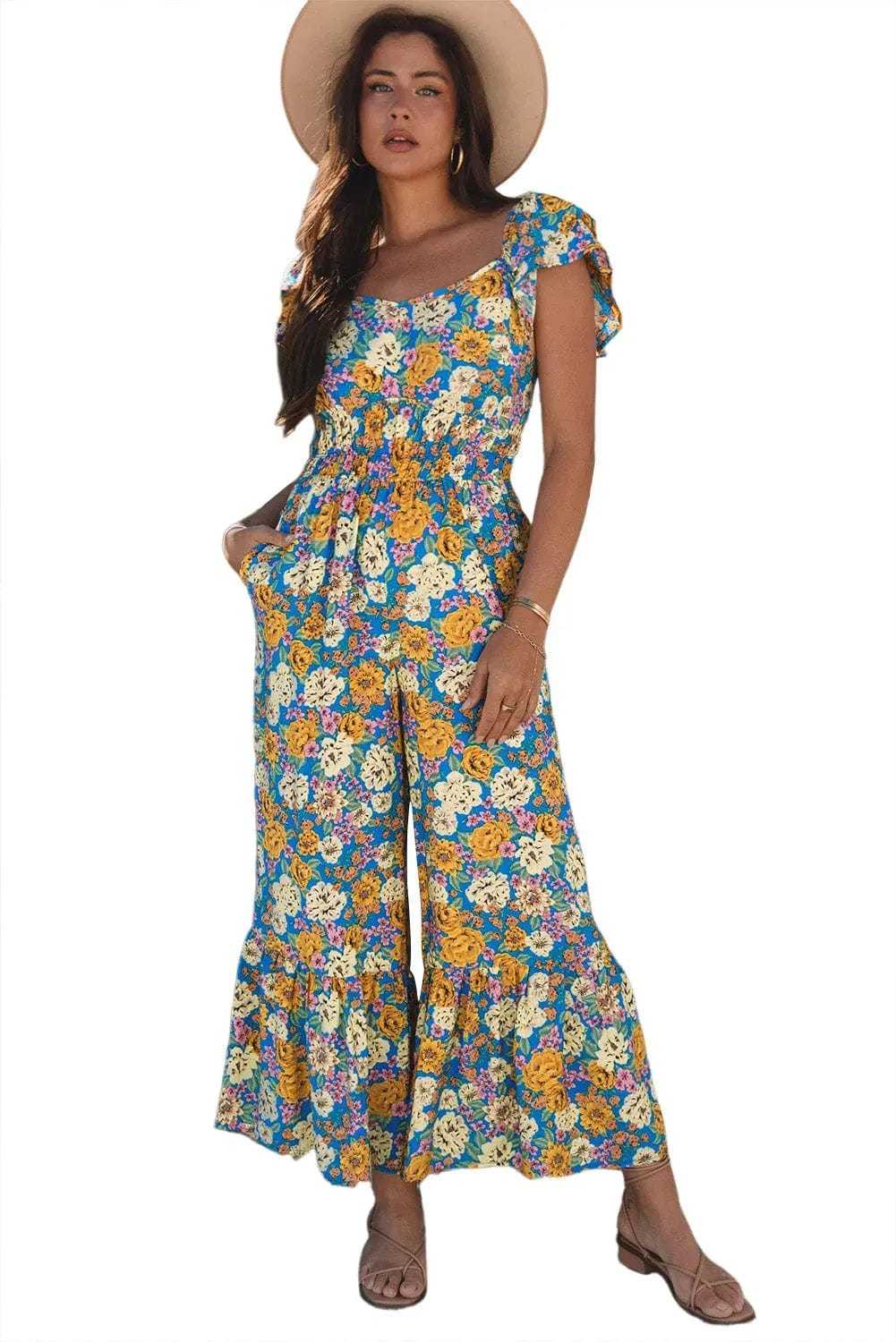 Jumpsuits Yellow Floral Elegant Jumpsuit