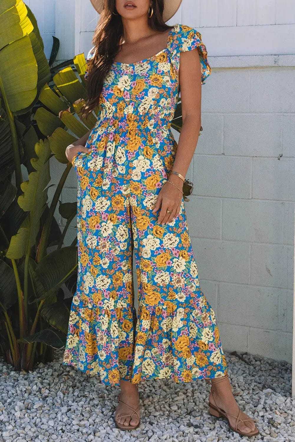 Jumpsuits Yellow Floral Elegant Jumpsuit