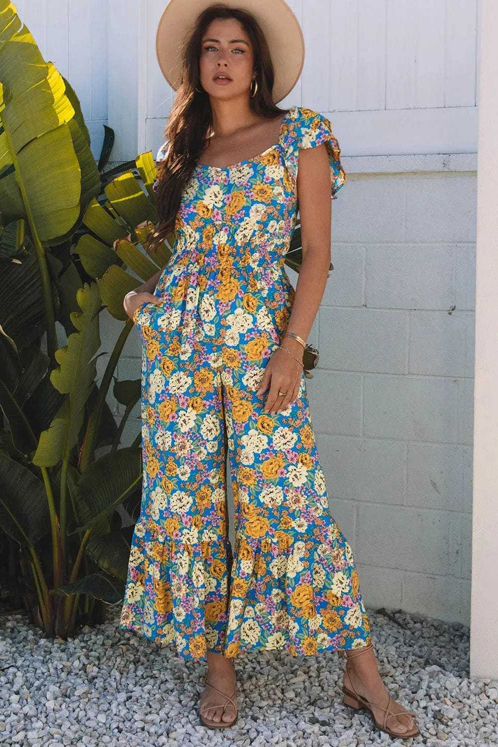 Jumpsuits Yellow Floral Elegant Jumpsuit