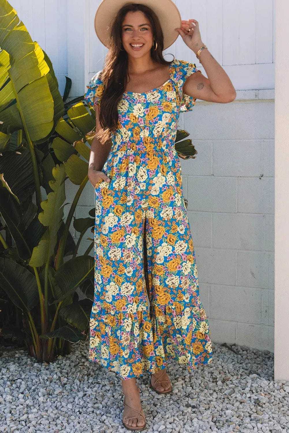 Jumpsuits Yellow Floral Elegant Jumpsuit
