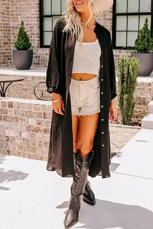 Kimonos Black / S / 85%Viscose+15%Polyamide Flowy Button-Up Kimono Jacket