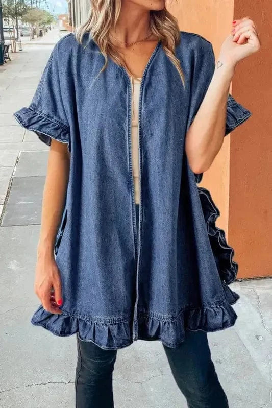 Kimonos Dusk Blue / S / 80%Cotton+20%Polyester Ruffled Elegance Chambray Kimono